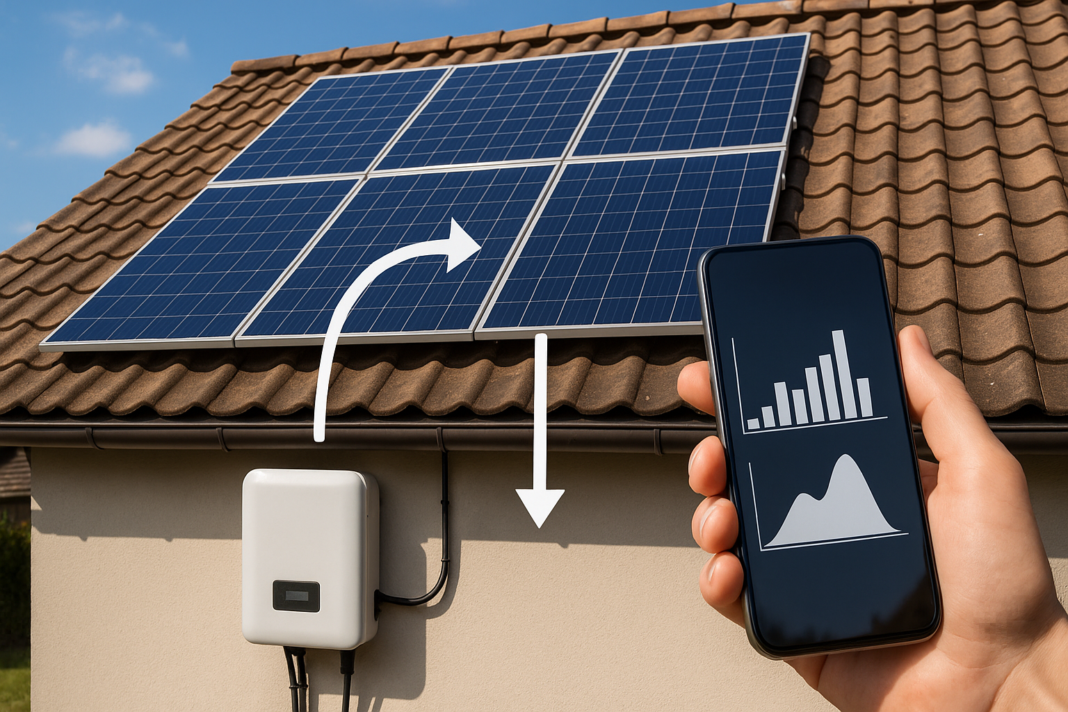 Monitoring instalacji fotowoltaicznej na dachu domu przedstawiony na smartfonie