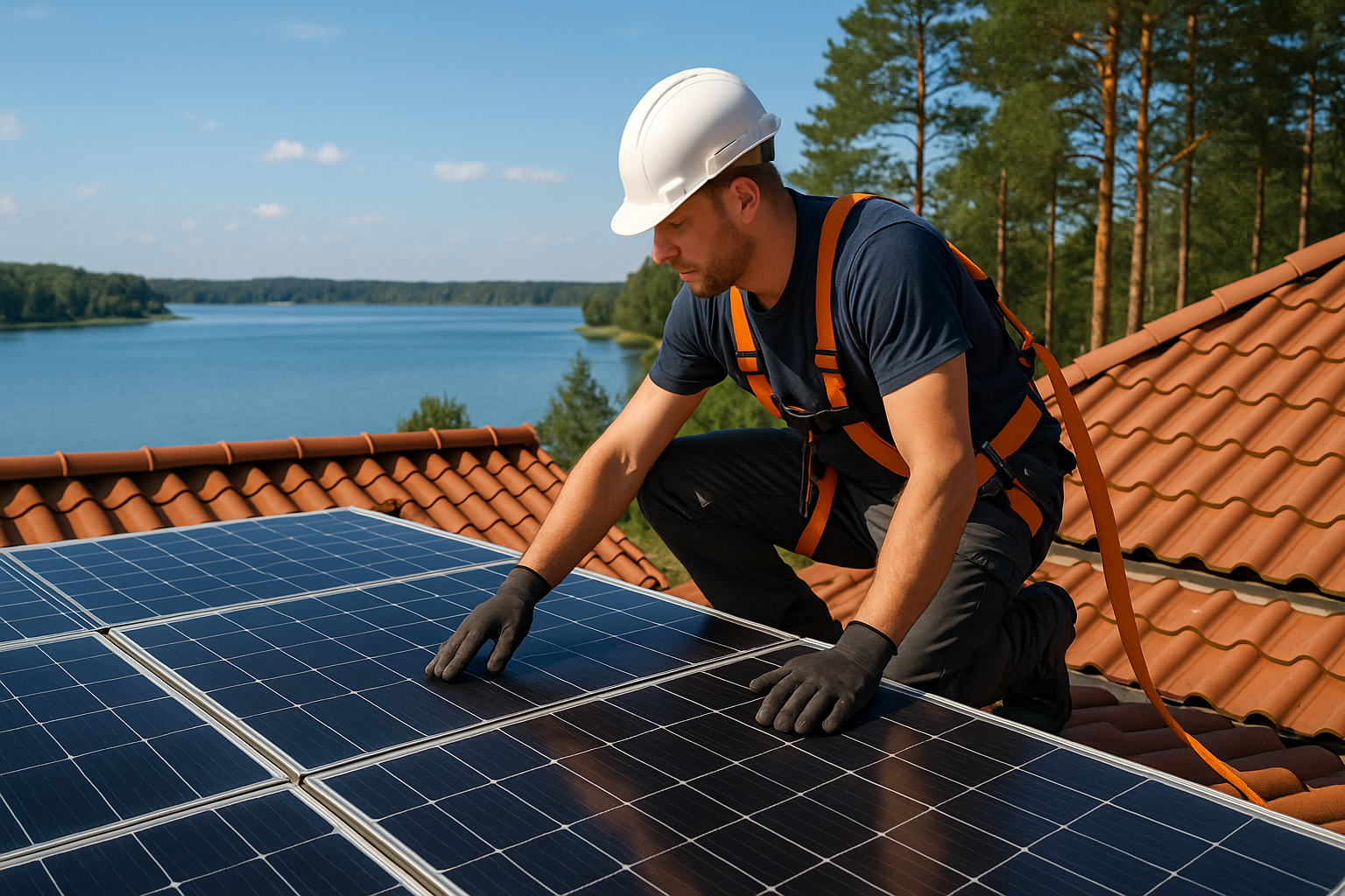Serwisant sprawdzający panele fotowoltaiczne na dachu domu na Mazurach
